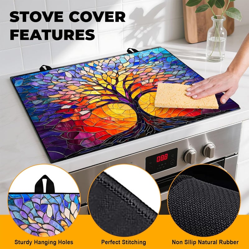 BVBOX Stove Top Cover Retro Flower Gas Stove Top Cover for Home Decoration Kitchen Pad Non-Stick Washable Cooktop Covers Countertop Protector Keep Stove Clean 28"x20" (Tree of Life-2) - Image 2